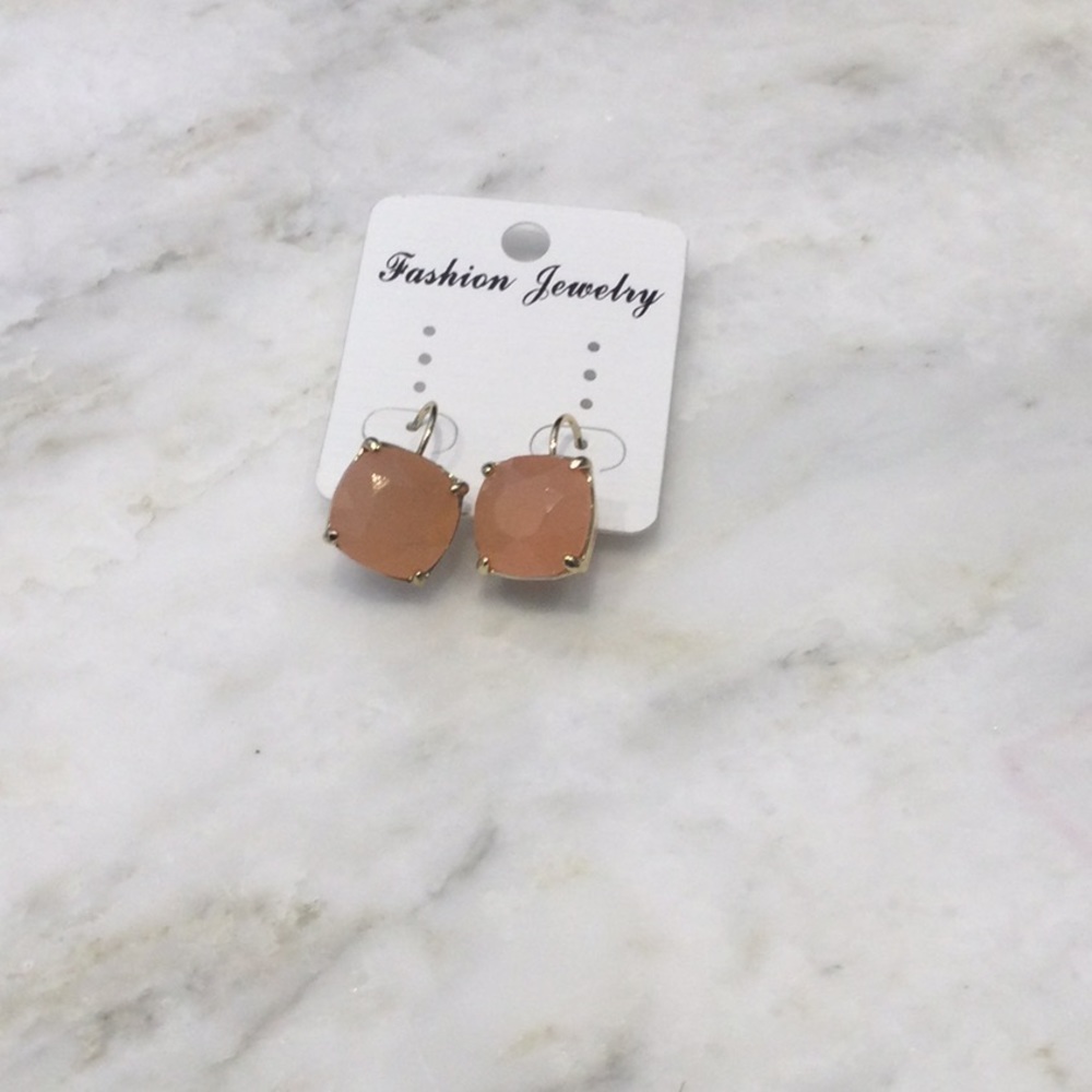 3/$20- Cushion Cut Peach Resin Leverback Earrings